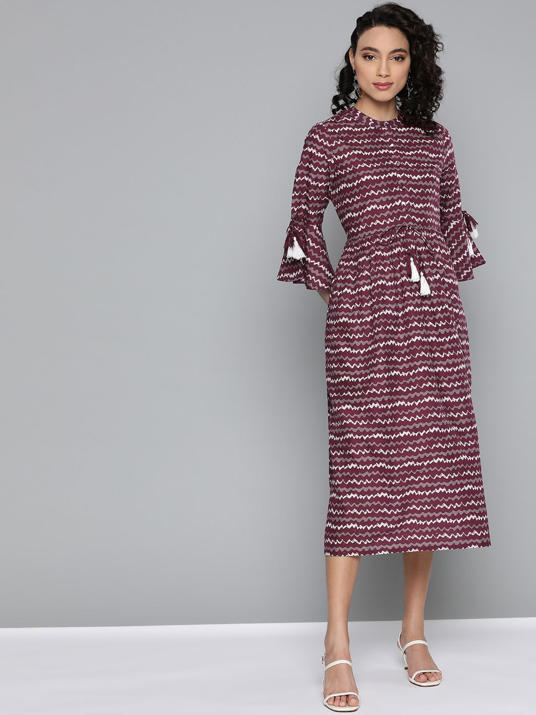 HERE&NOW Women Burgundy & White Pure Cotton Striped A-Line Dress