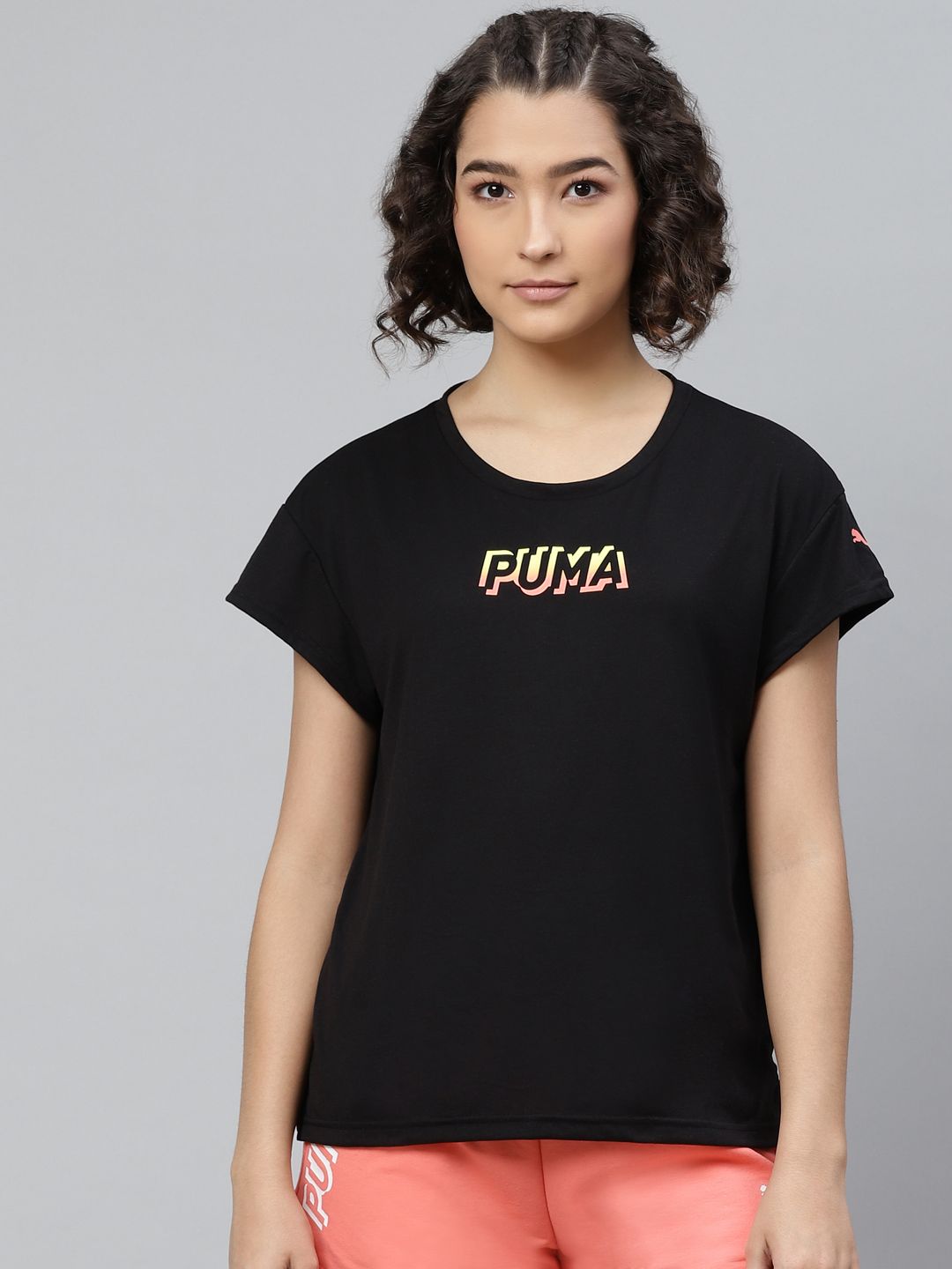 Puma Women Black Modern Sports Cotton Brand Logo Print Round Neck T-shirt Price in India