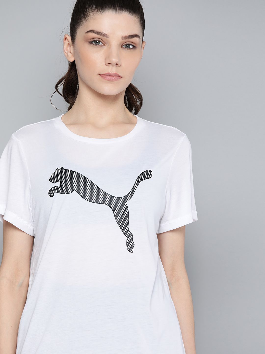 Puma Women White & Black Brand Logo Print Evostripe T-shirt Price in India