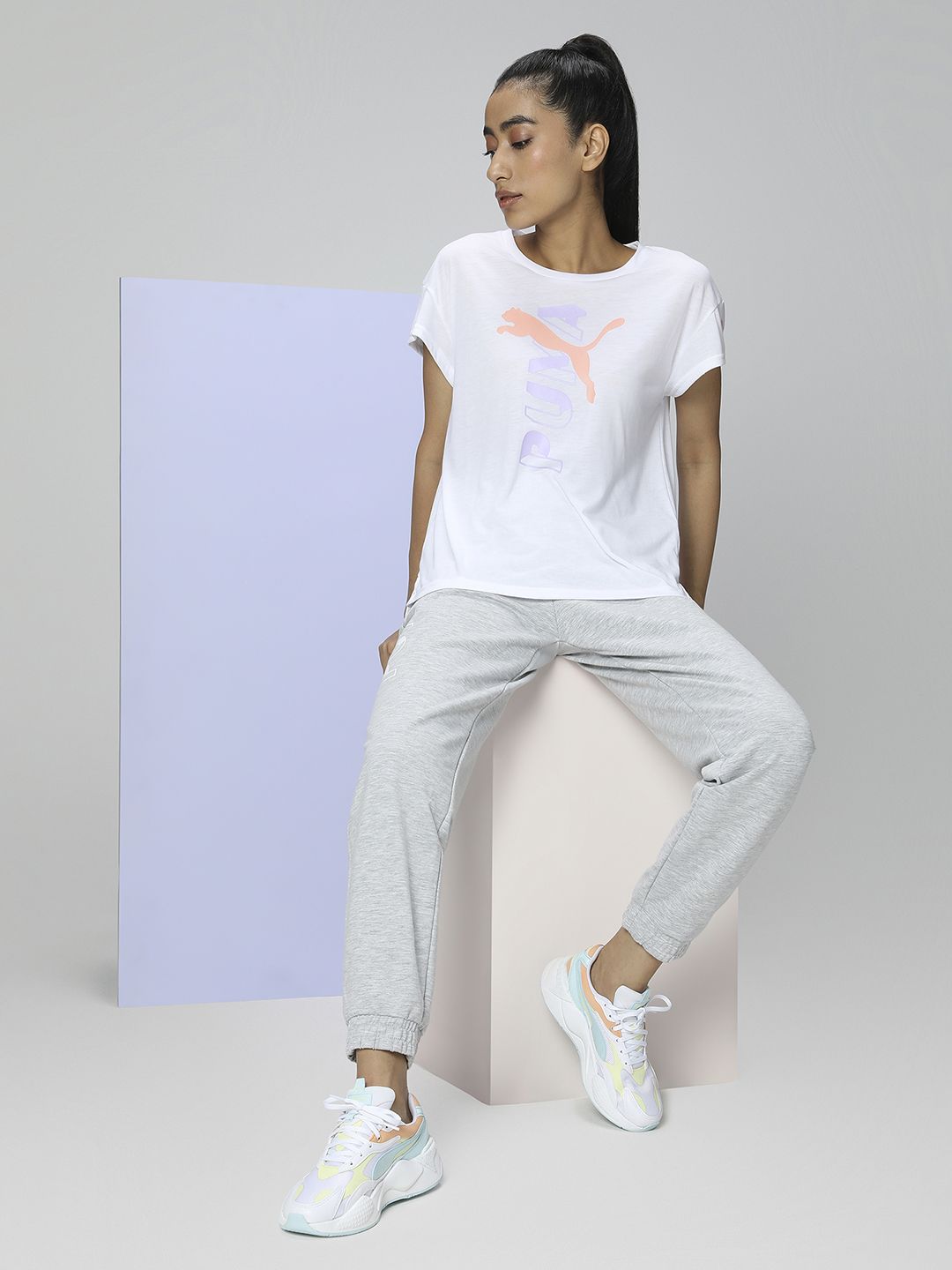 Puma Women White & Lavender Modern Sports T-shirt Price in India
