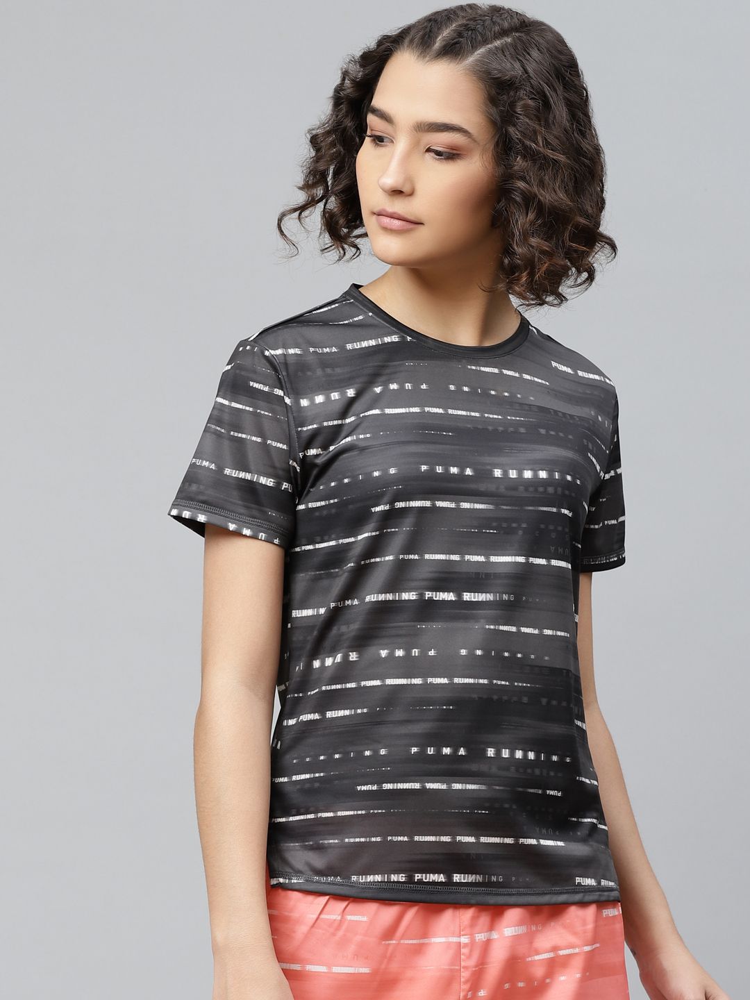 Puma Women Black & Grey Graphic Printed Round Neck Running T-shirt Price in India