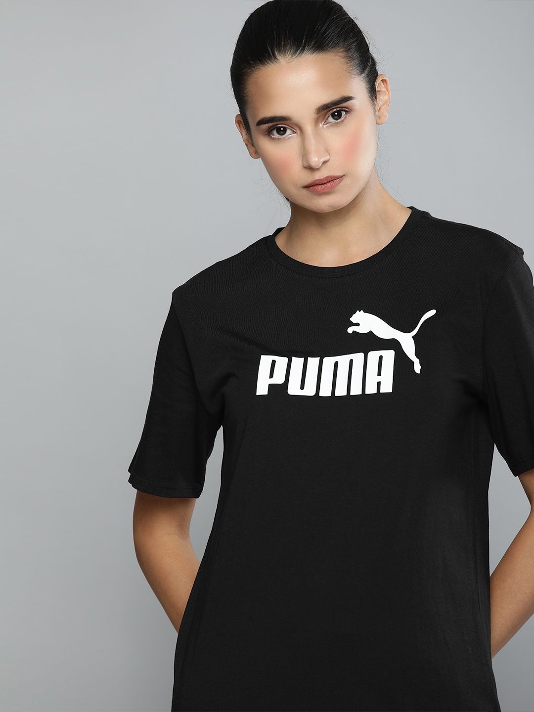 Puma Women Black Printed ESS Logo Relaxed Fit Round Neck T-shirt