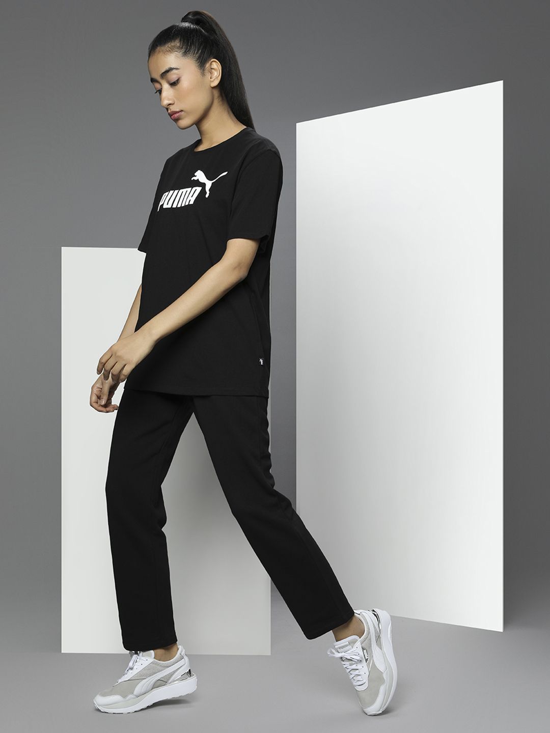 Puma Women Black Printed ESS Logo Relaxed Fit Round Neck Pure Cotton T-shirt Price in India