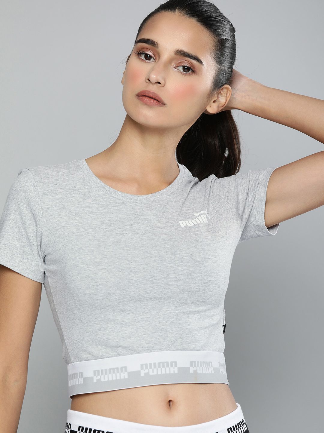 Puma Women Grey Solid Amplified Slim Fit Round Neck T-shirt