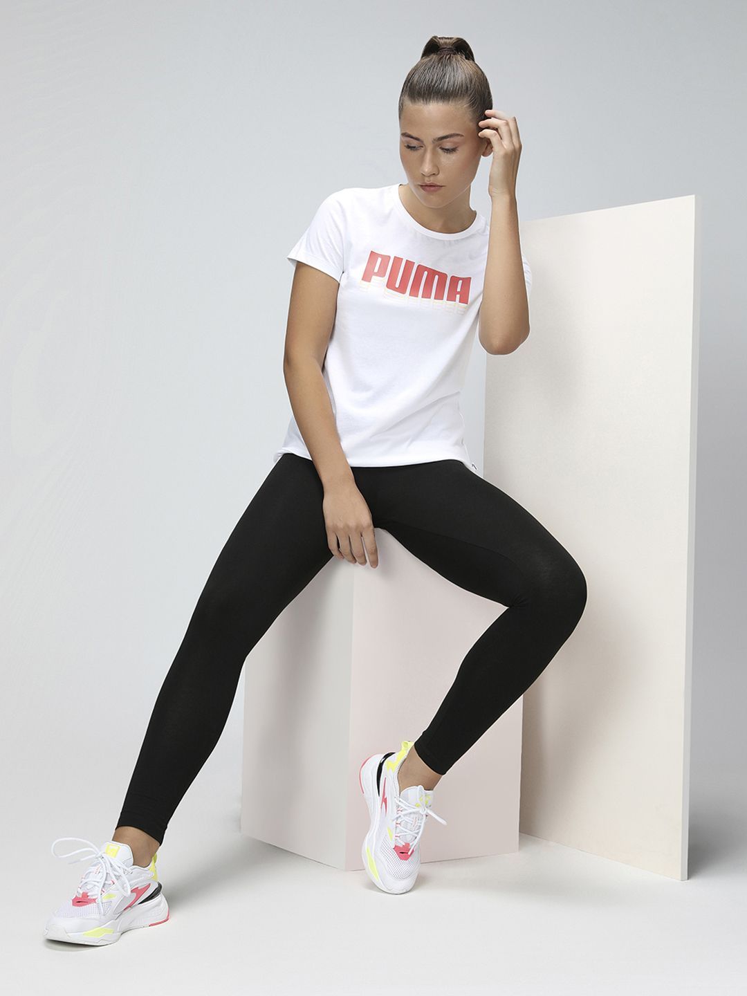 Puma Women White & Peach-Coloured Pure Cotton Printed Round Neck T-shirt Price in India