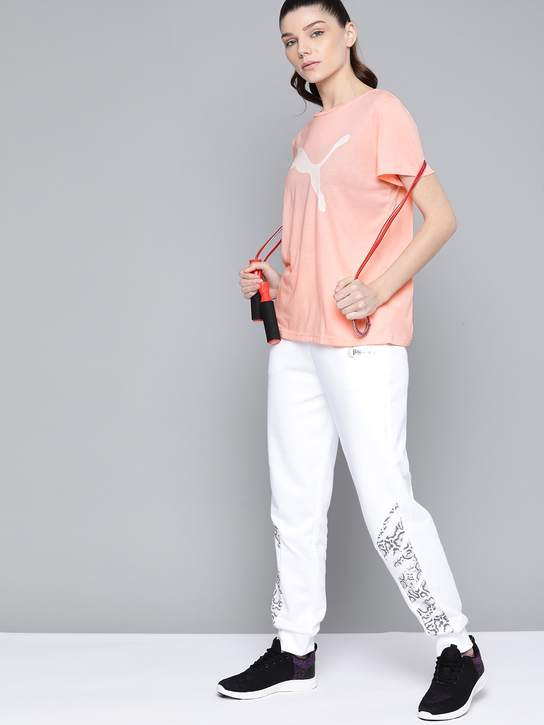 Puma Women Peach-Coloured & White Brand Logo Print Evostripe T-shirt Price in India