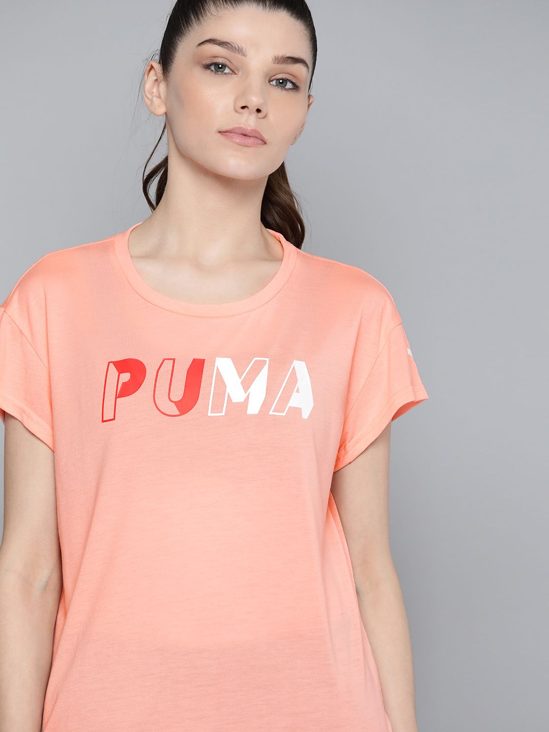 Puma Women Peach-Coloured & White Brand Logo Print Modern Sports T-shirt Price in India