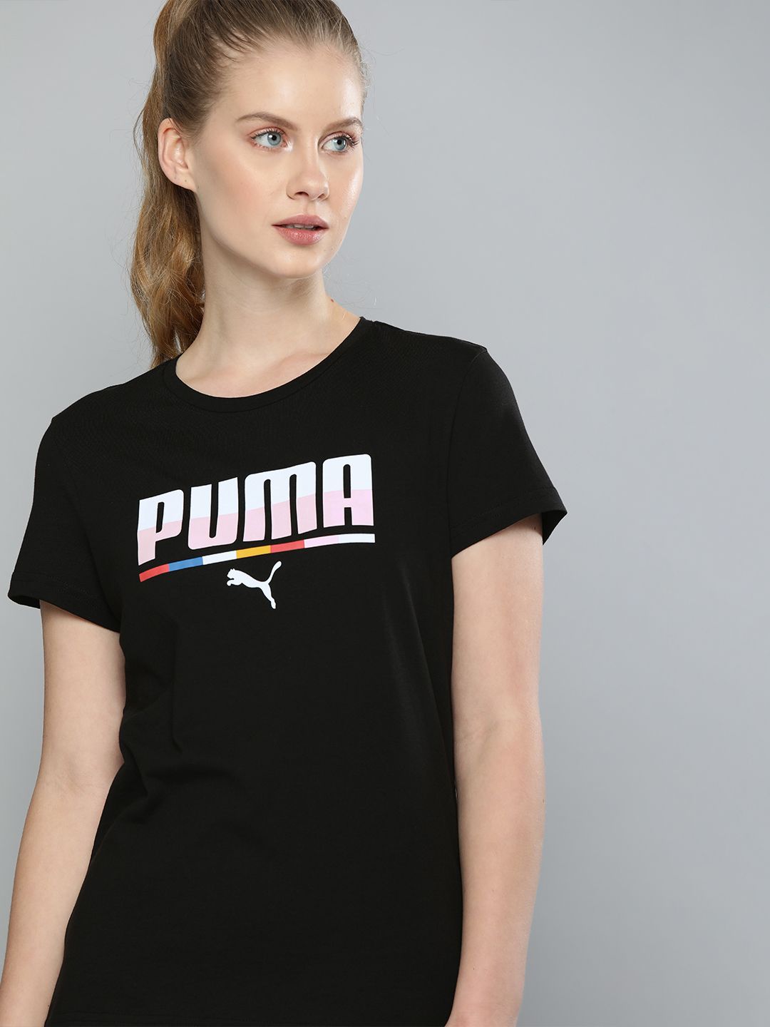 Puma Women Black Printed Multicoloured Round Neck Pure Cotton T-shirt Price in India