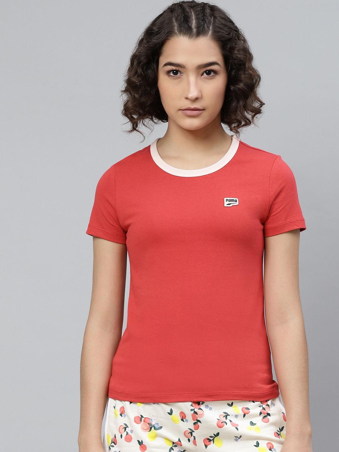 Puma Women Red Solid Downtown Small Logo Pure Cotton T-shirt Price in India