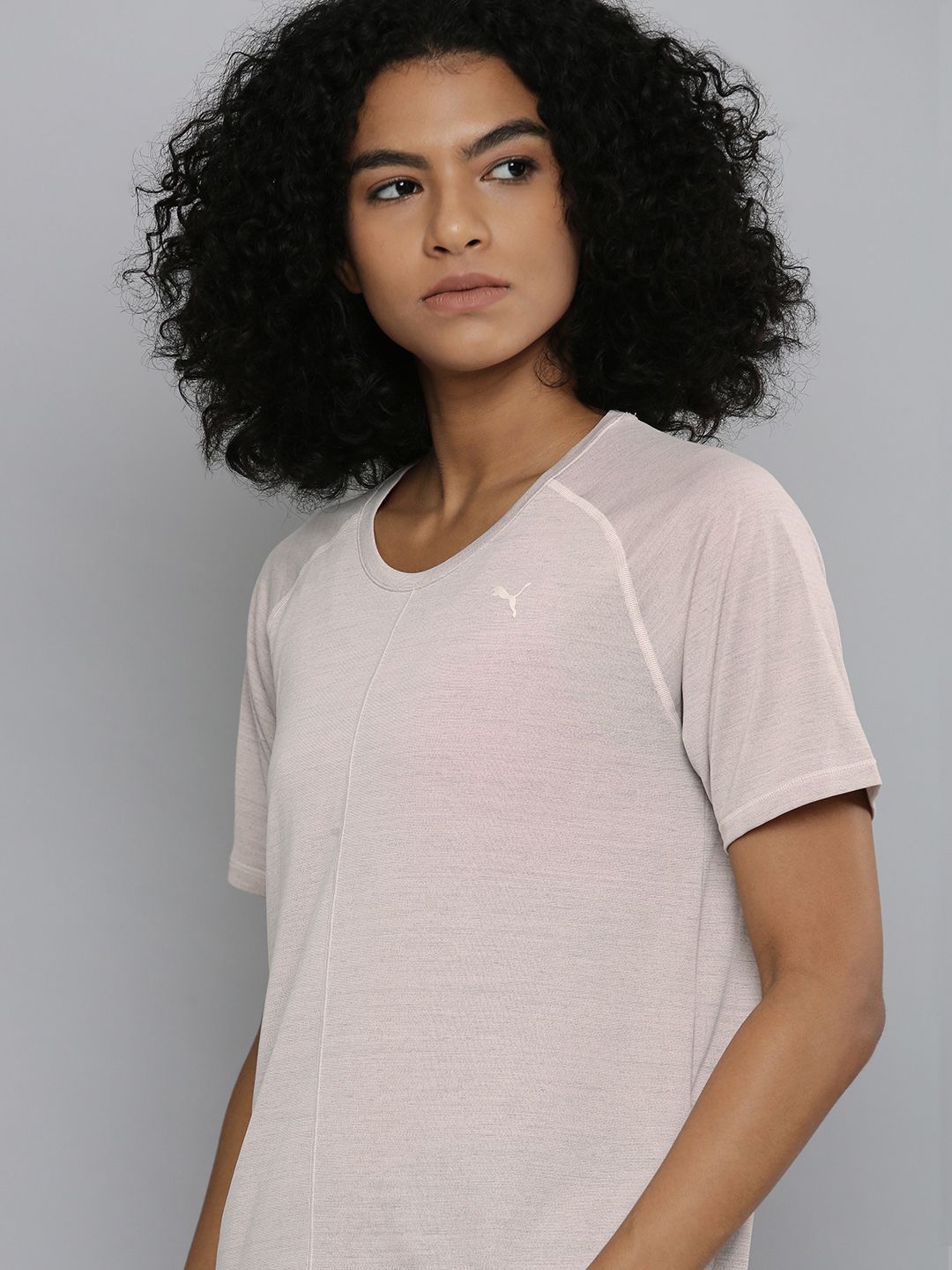 Puma Women Beige Brand Logo Printed Raglan Sleeves Studio Graphene Relaxed Yoga T-shirt Price in India