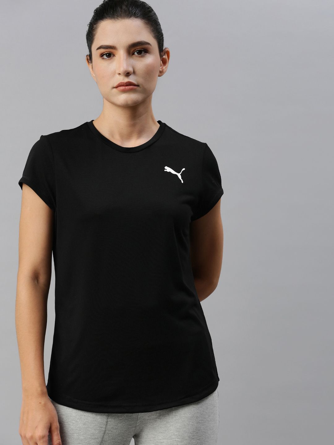 Puma Women Black Solid Round Neck Active T-shirt Price in India