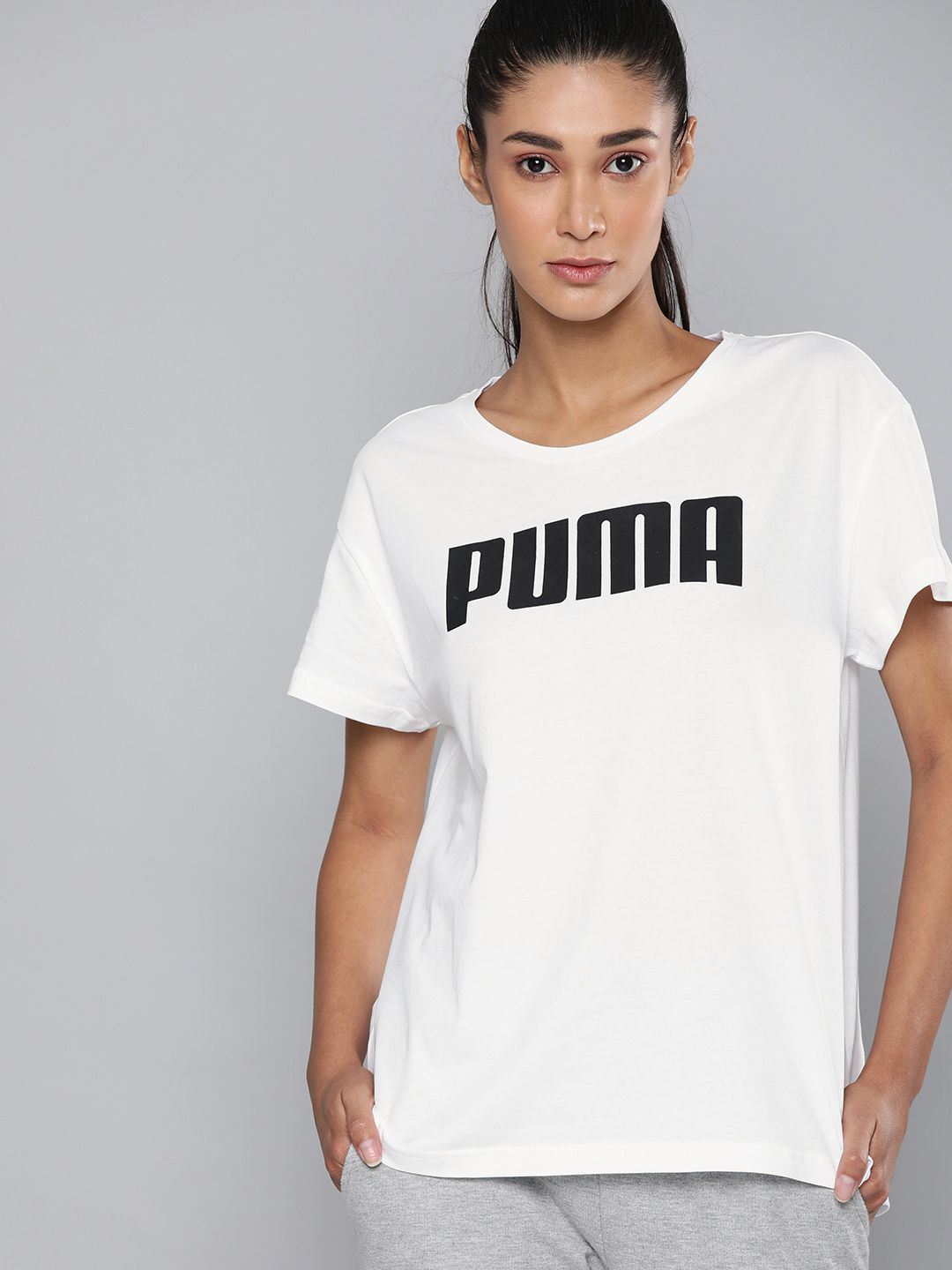 Puma Women White RTG Logo Printed Round Neck T-shirt Price in India