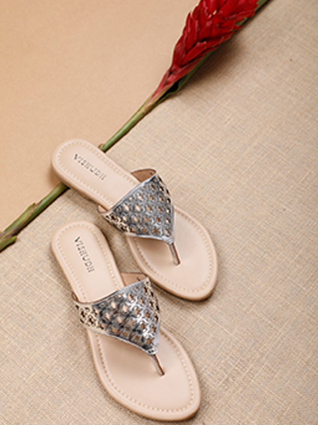Vishudh Women Silver-Toned Embellished Open Toe Flats Price in India
