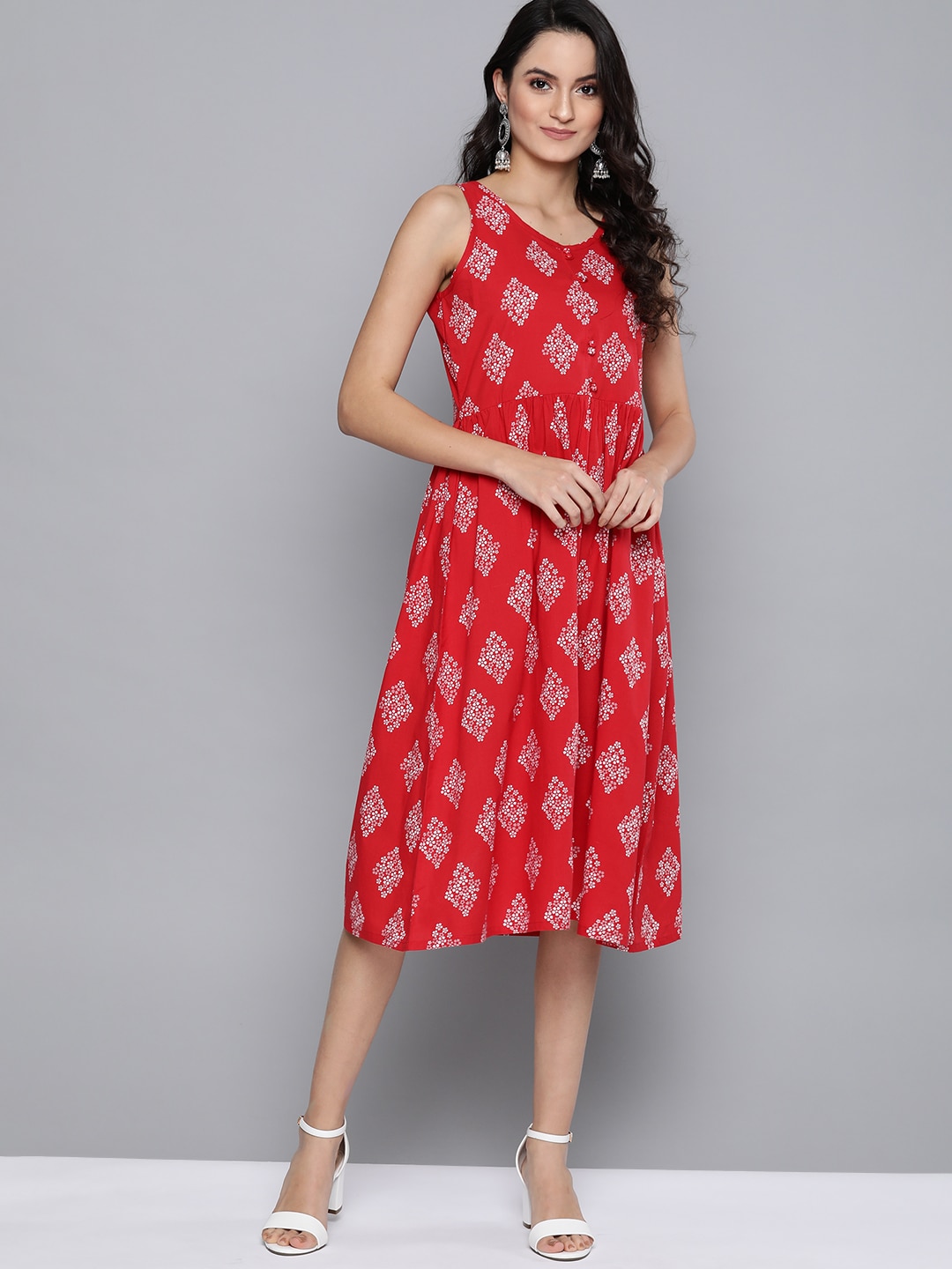 HERE&NOW Women Red & White Floral Print Pure Cotton Midi A-Line Dress Price in India
