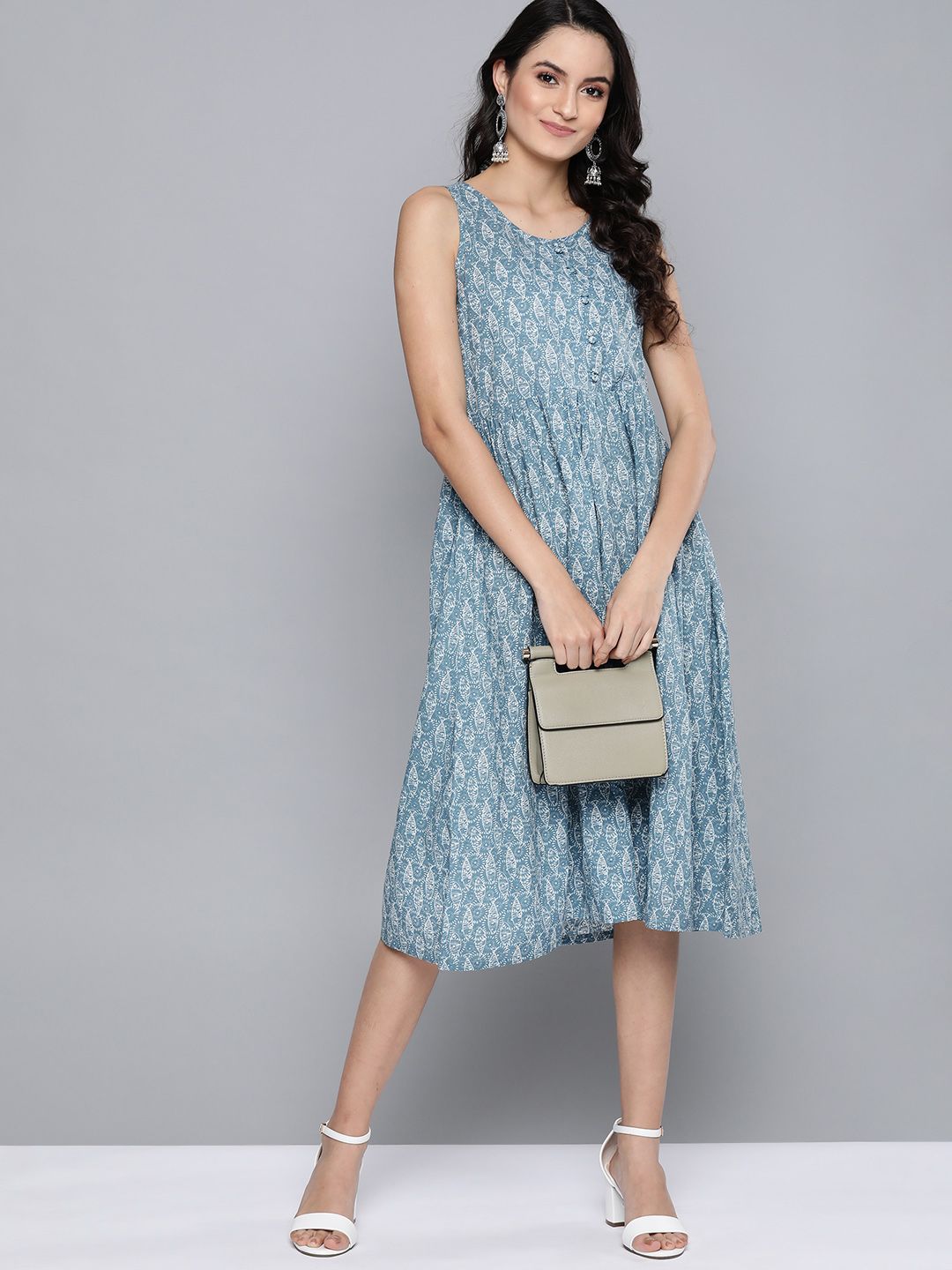 HERE&NOW Women Blue & White Fish Print Pure Cotton Midi A-Line Dress Price in India