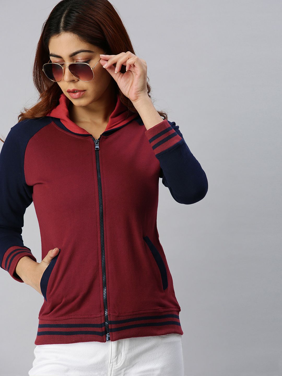 JUNEBERRY Women Maroon Solid Hooded Varsity Jacket Price in India