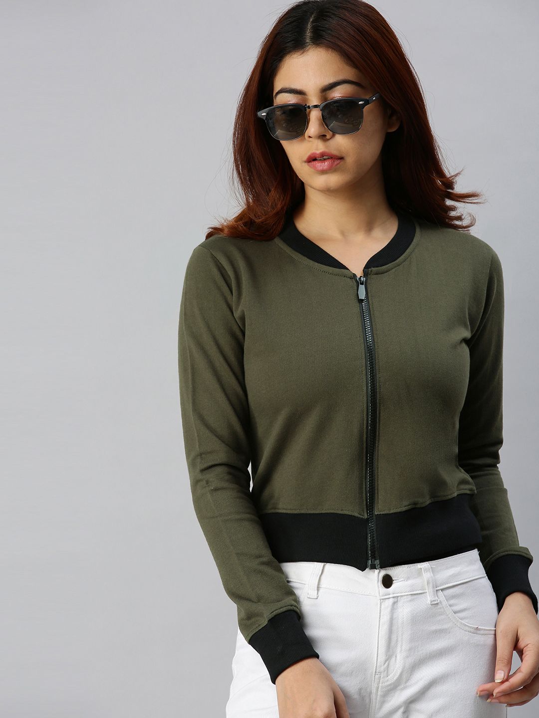 JUNEBERRY Women Olive Green Solid Cropped Bomber