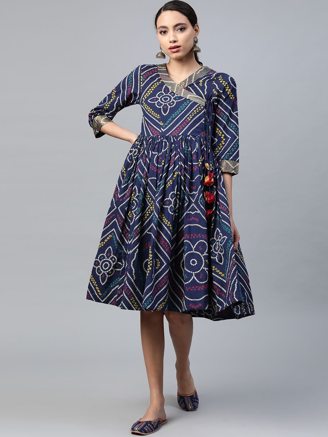 Anubhutee Women Navy Blue & Beige Bandhani Printed Pure Cotton Angrakha A-Line Dress Price in India