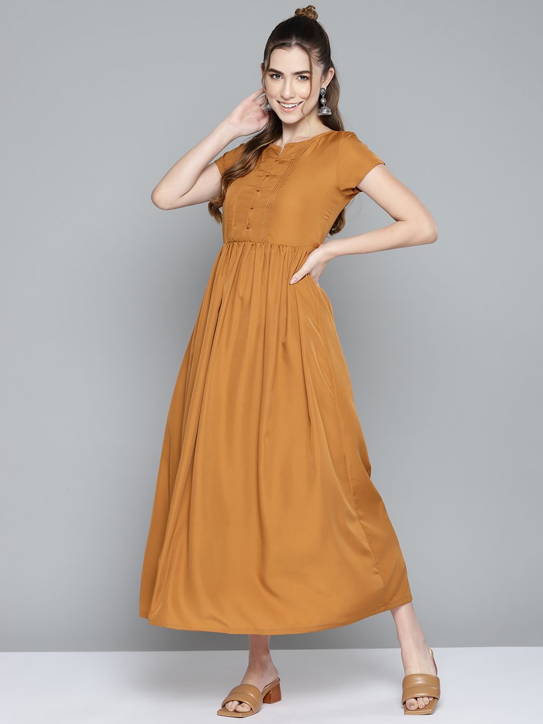 HERE&NOW Women Brown Solid Maxi A-Line Dress Price in India