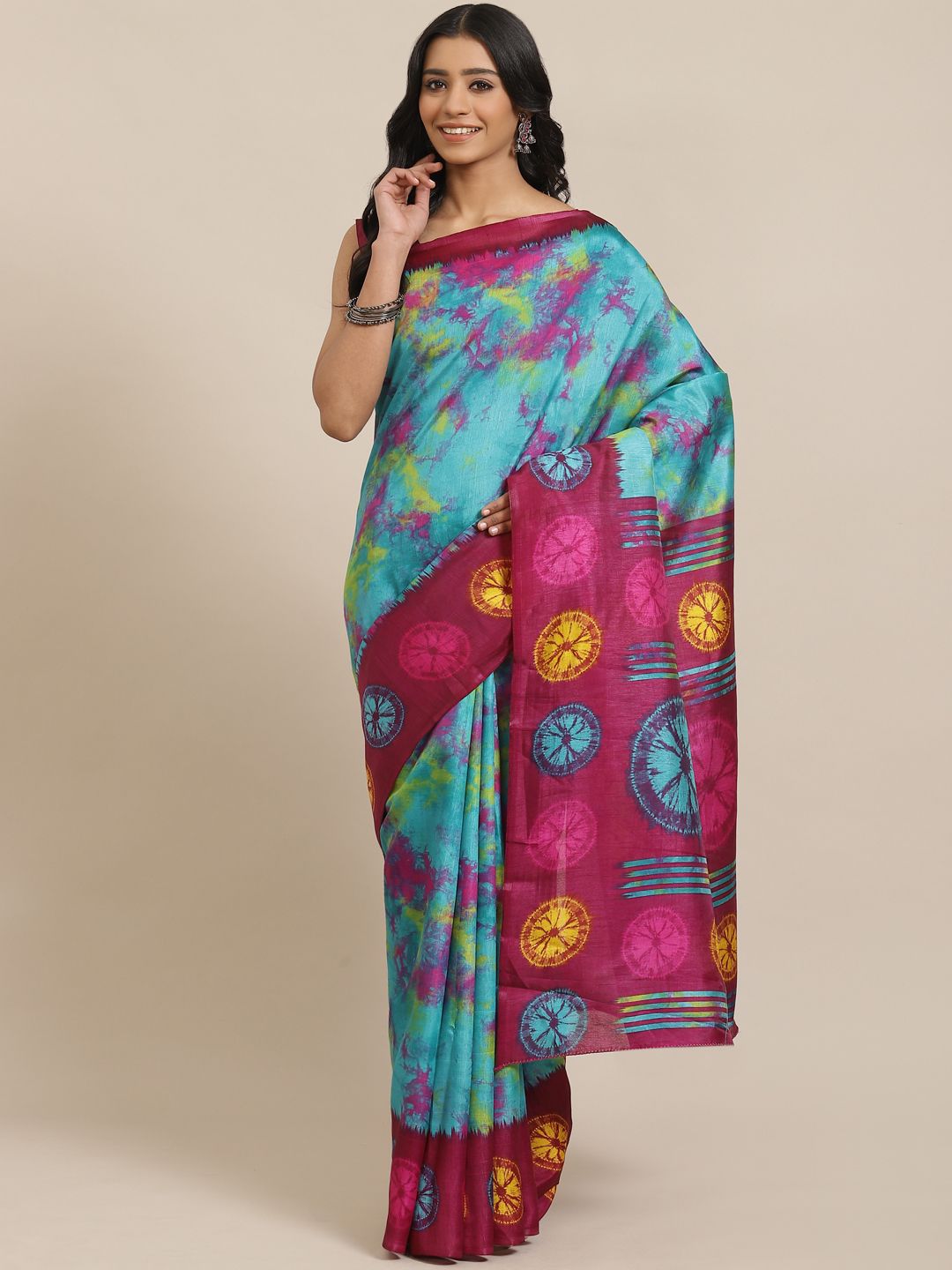 Saree mall Blue & Magenta Dyed Saree Price in India