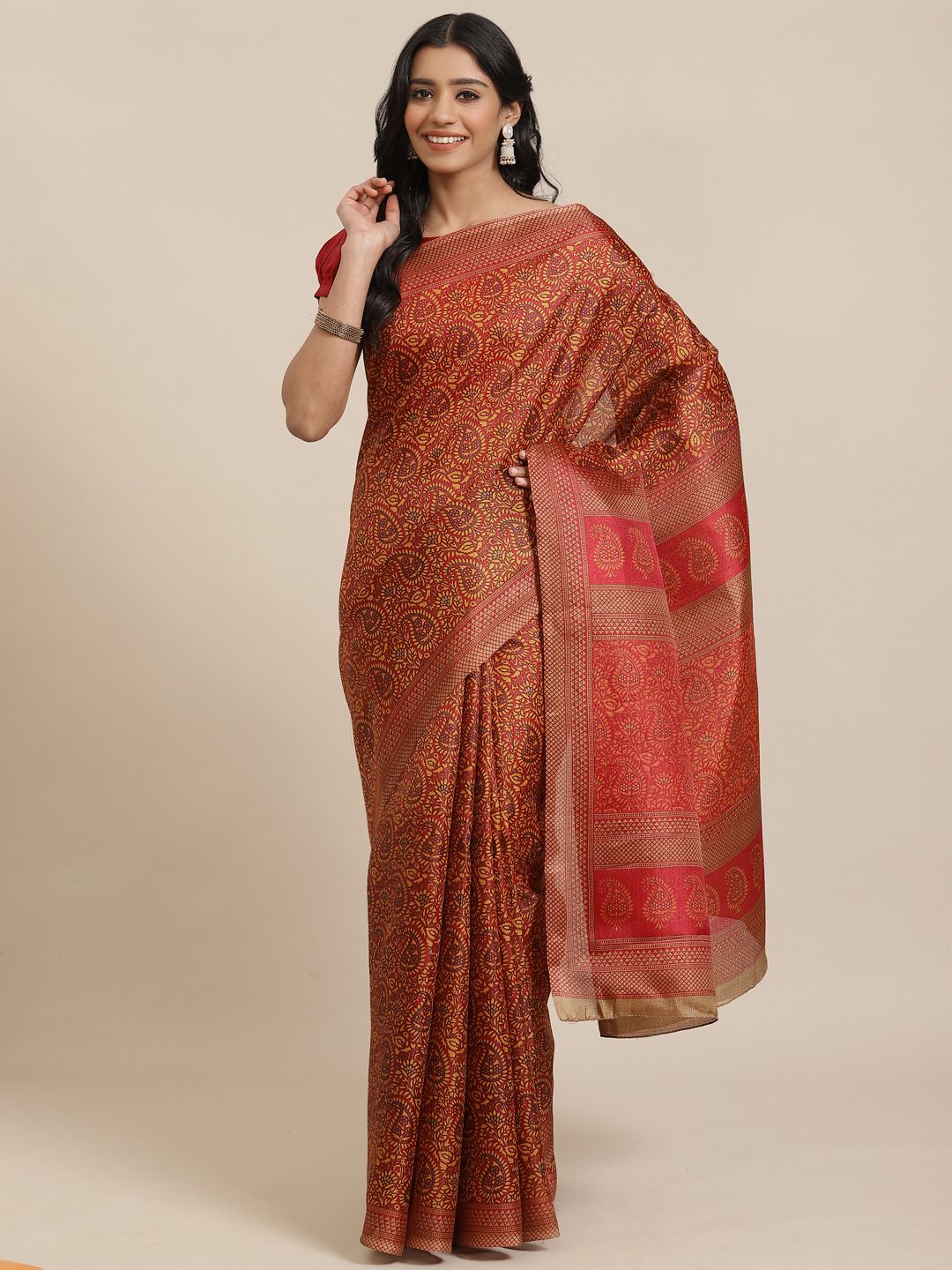 Saree mall Rust Orange & Yellow Printed Saree Price in India