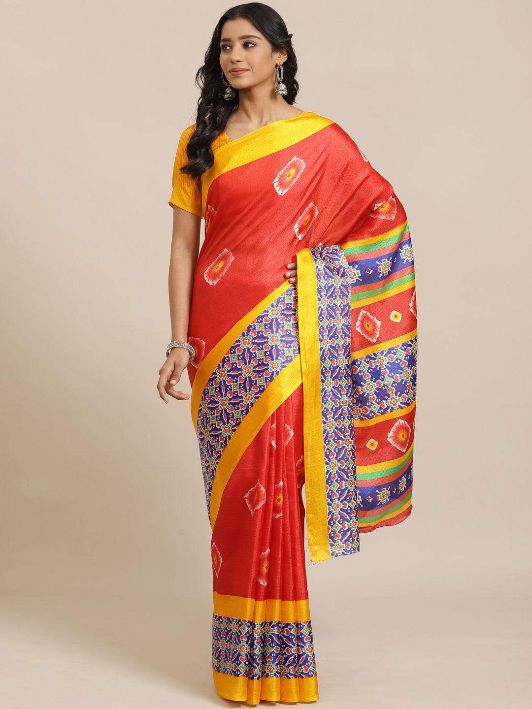 Saree mall Red & Off-White Dyed Effect Saree Price in India