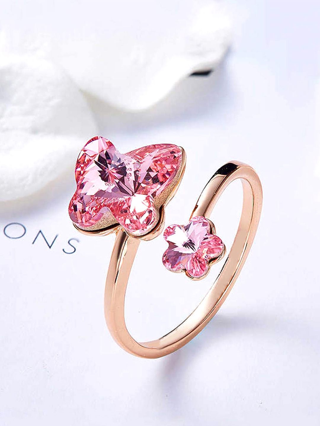 Yellow Chimes Pink & Rose Gold-Plated Swarovski Crystal Butterfly Shaped Finger Ring Price in India
