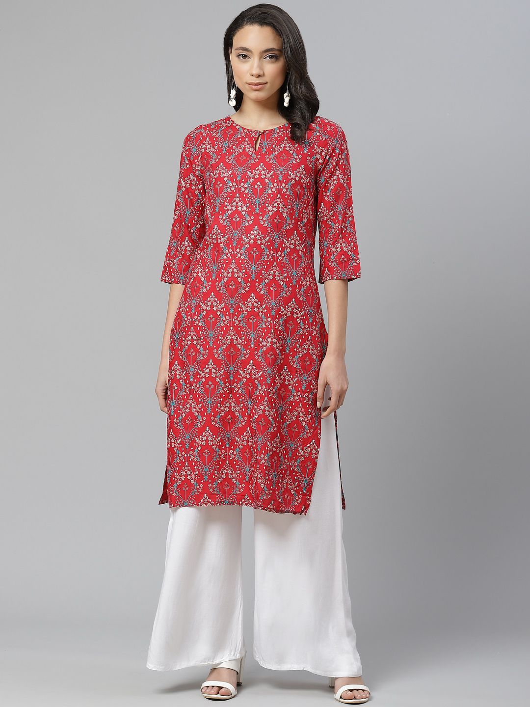 W Women Red & Pink Printed Straight Kurta