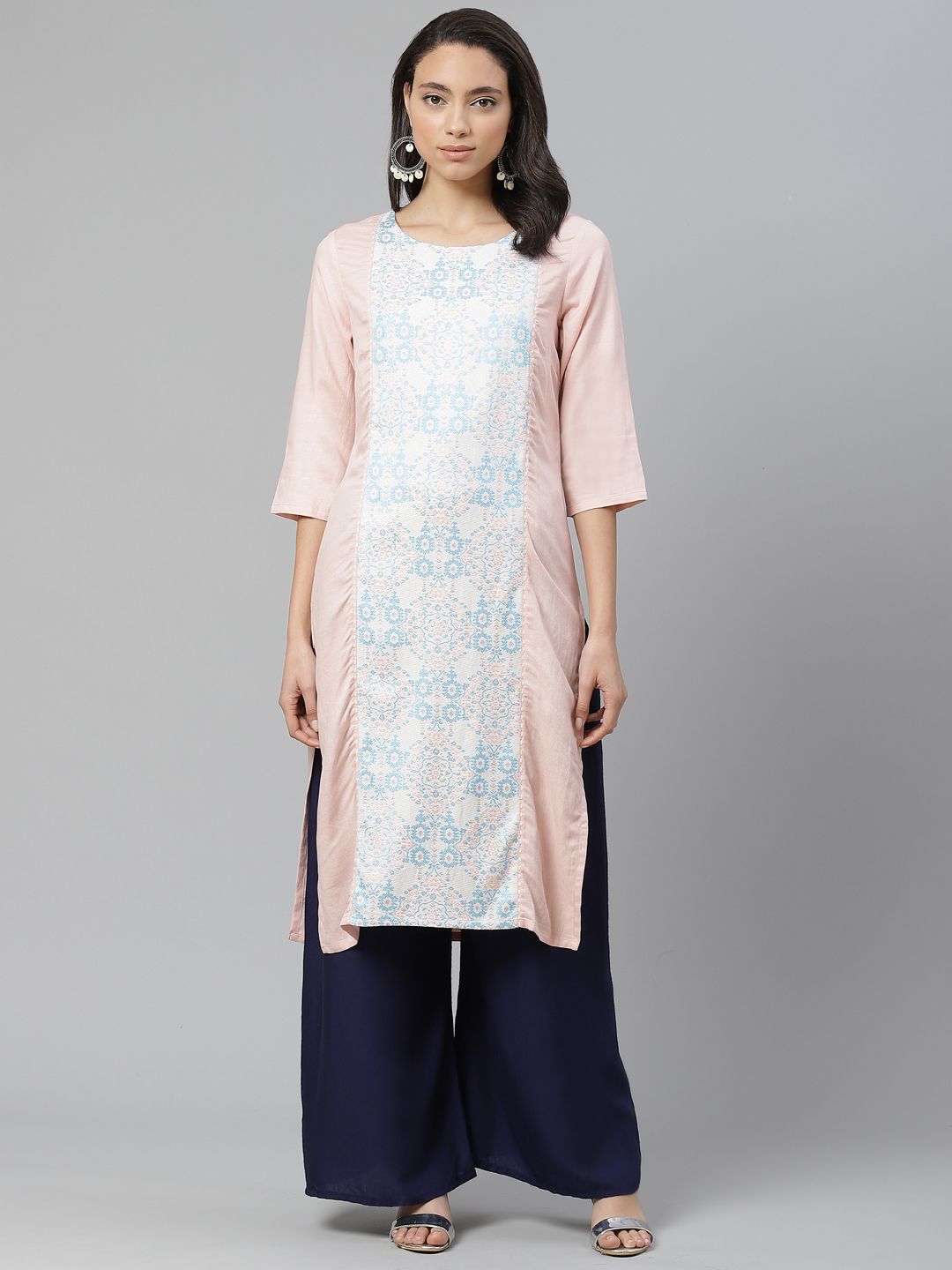 W Women Peach-Coloured & Blue Woven Design Straight Kurta Price in India