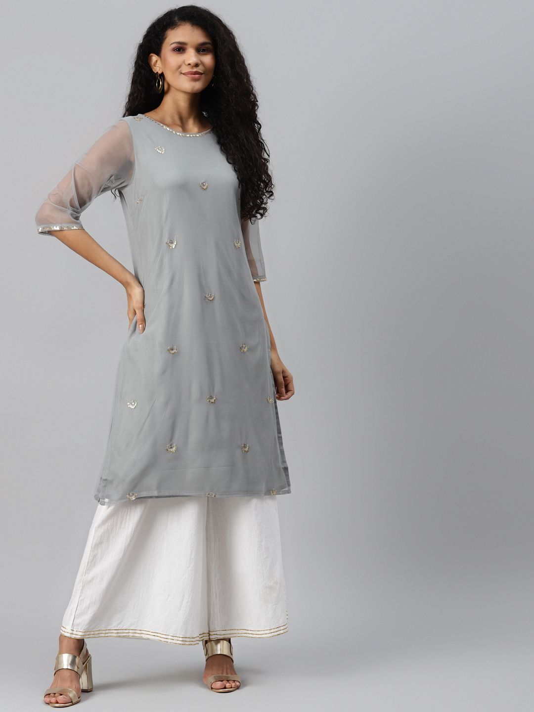 W Women Grey Floral Sequinned Kurta Price in India
