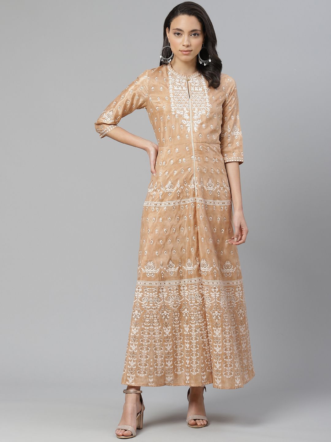 W Women Peach-Coloured & White Printed Maxi Dress