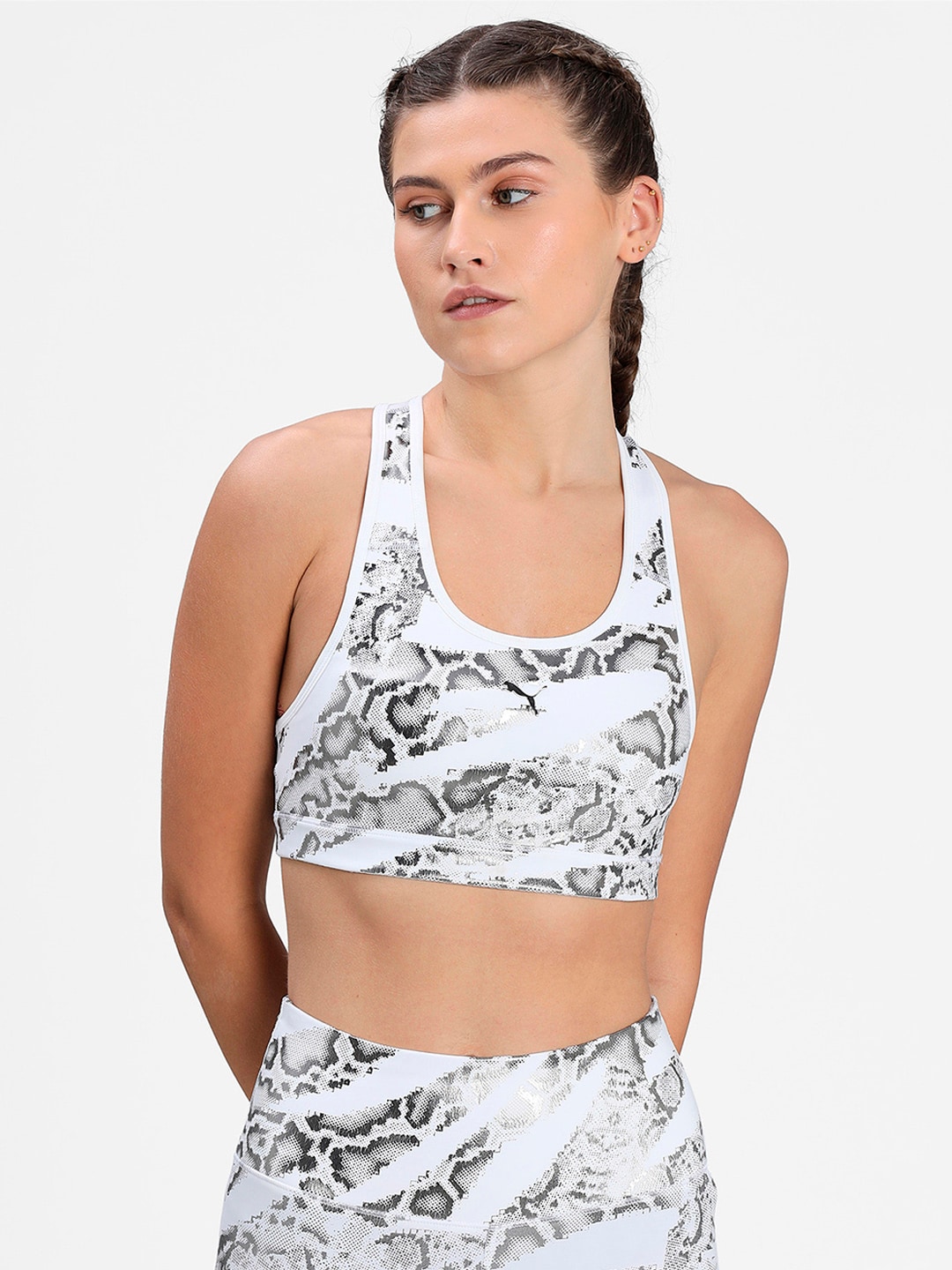 Puma White & Charcoal Grey Printed Mid 4Keeps Graphic Training Sports Bra 52030602 Price in India