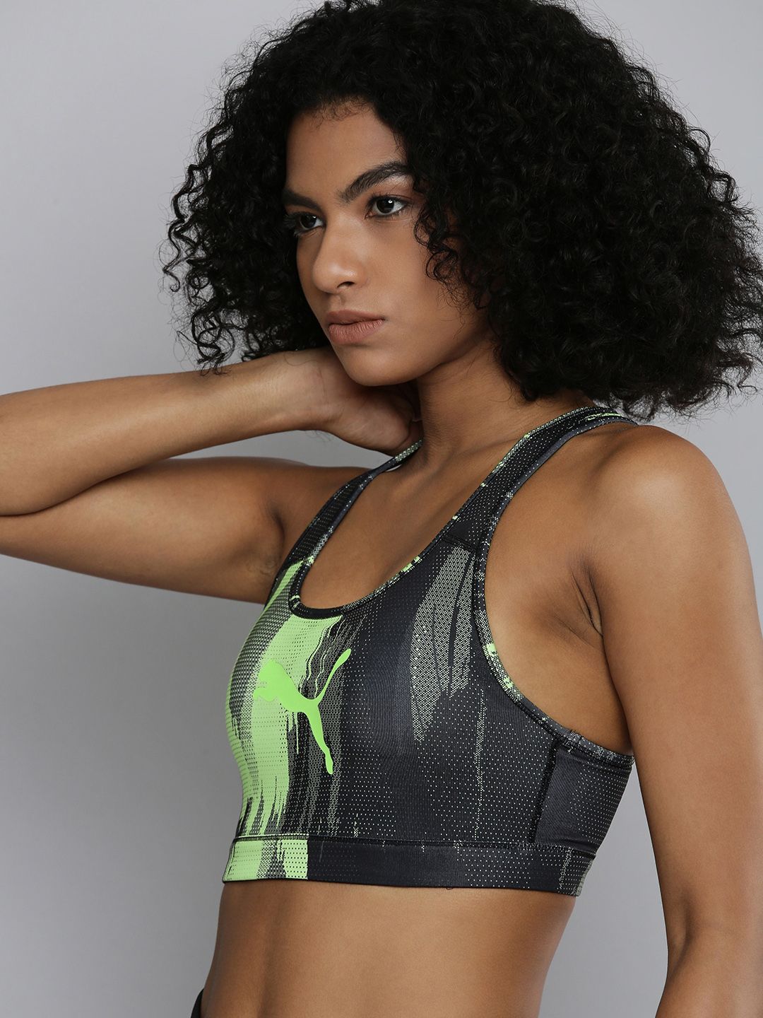 Puma Women Grey & Fluorescent Green Abstract Lightly Padded Bra 65728402 Price in India