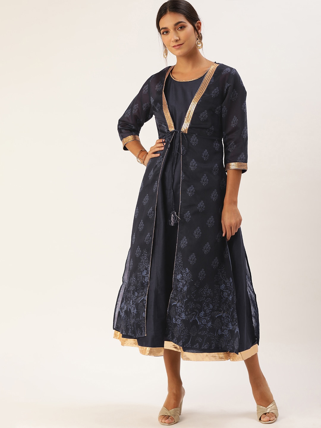 all about you Navy Blue Solid A-Line Midi Dress with Ethnic Jacket Price in India
