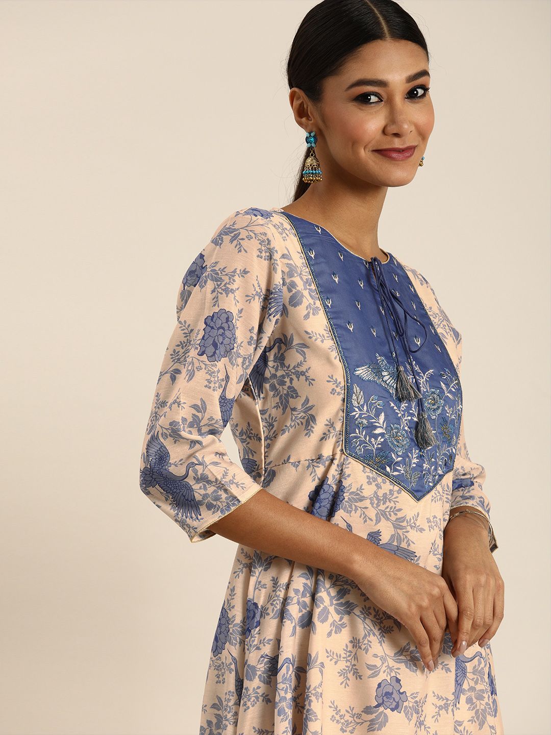 all about you Cream-Coloured & Blue Floral Printed Fit and Flare Midi Dress Price in India