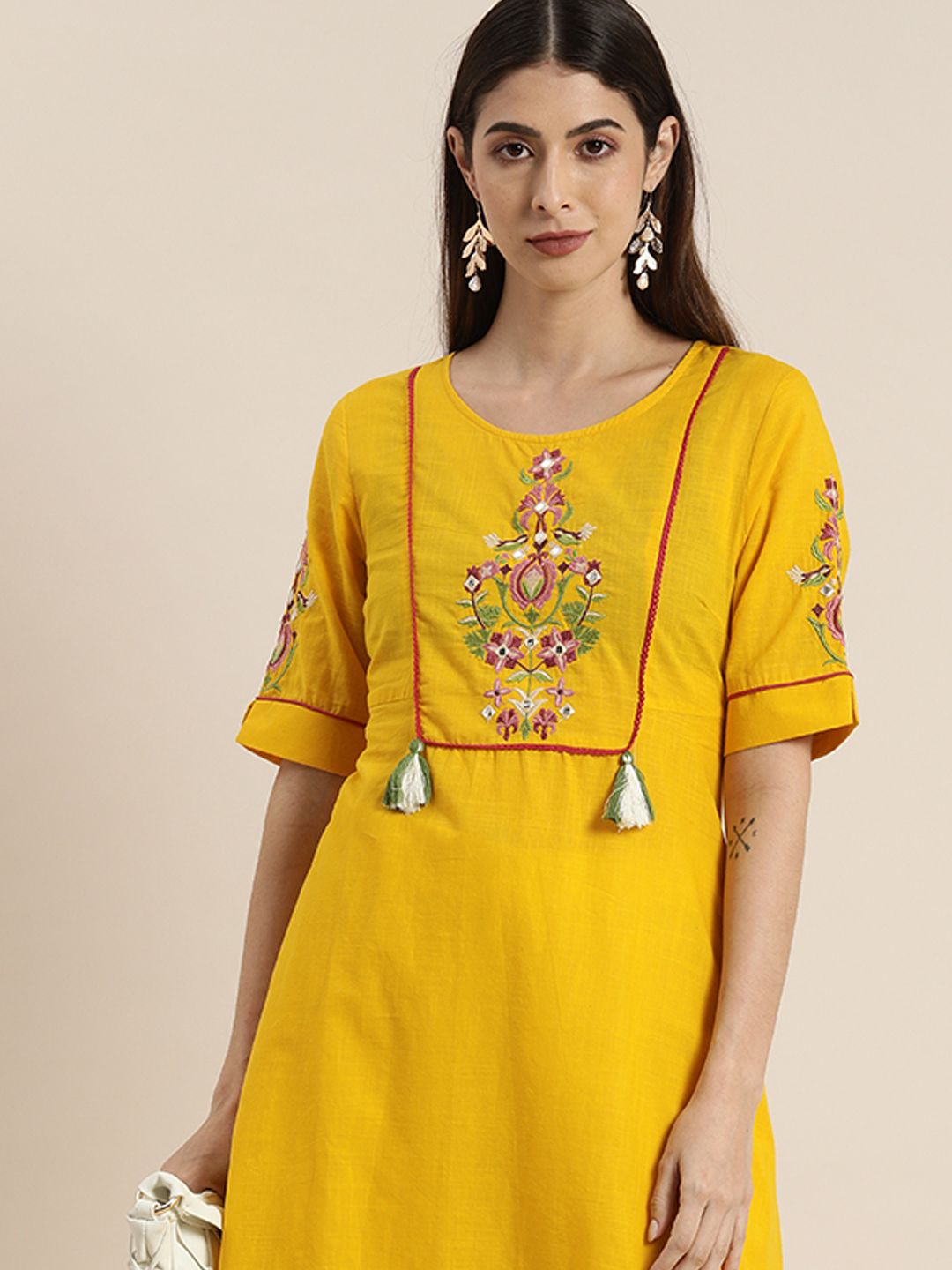 all about you Women Yellow & Pink Ethnic Motifs Embroidered Thread Work Kurta Price in India
