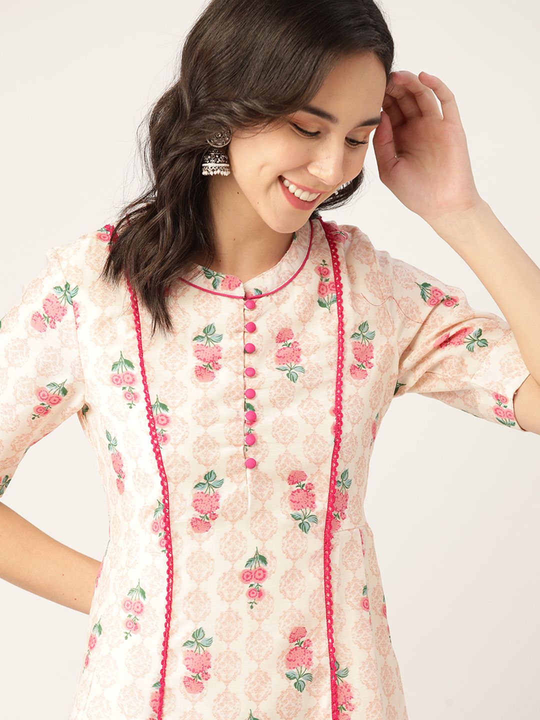 all about you Women Peach Coloured & Pink Floral Printed Floral Kurta Price in India