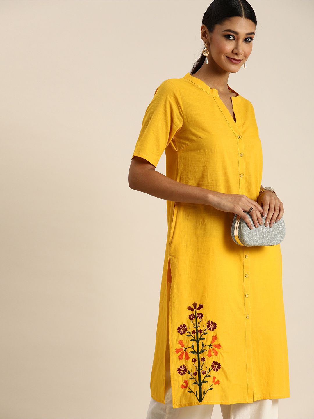 all about you Women Yellow Thread Work Kurta Price in India