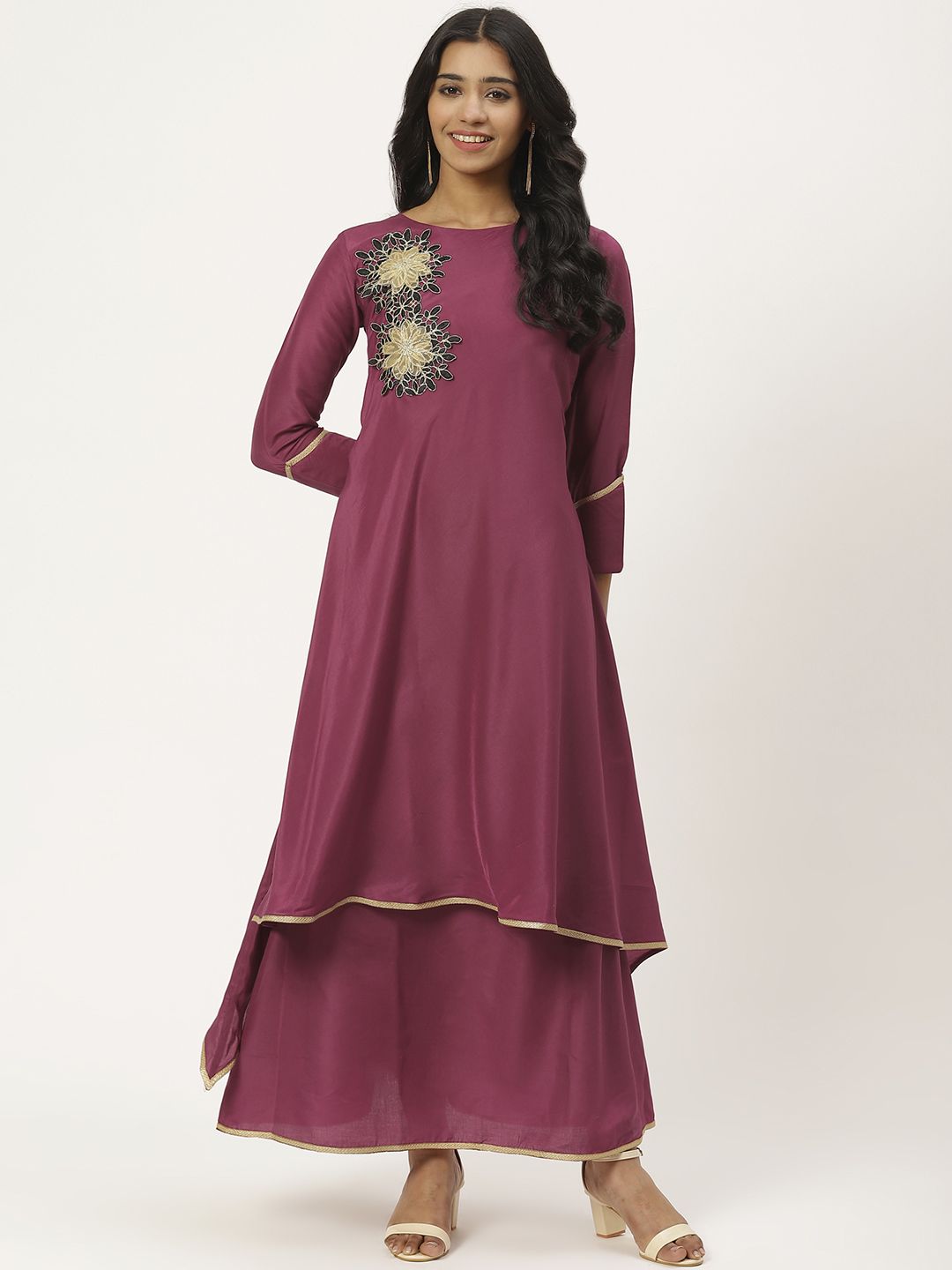Cottinfab Women Magenta Solid Layered Maxi Dress Price in India