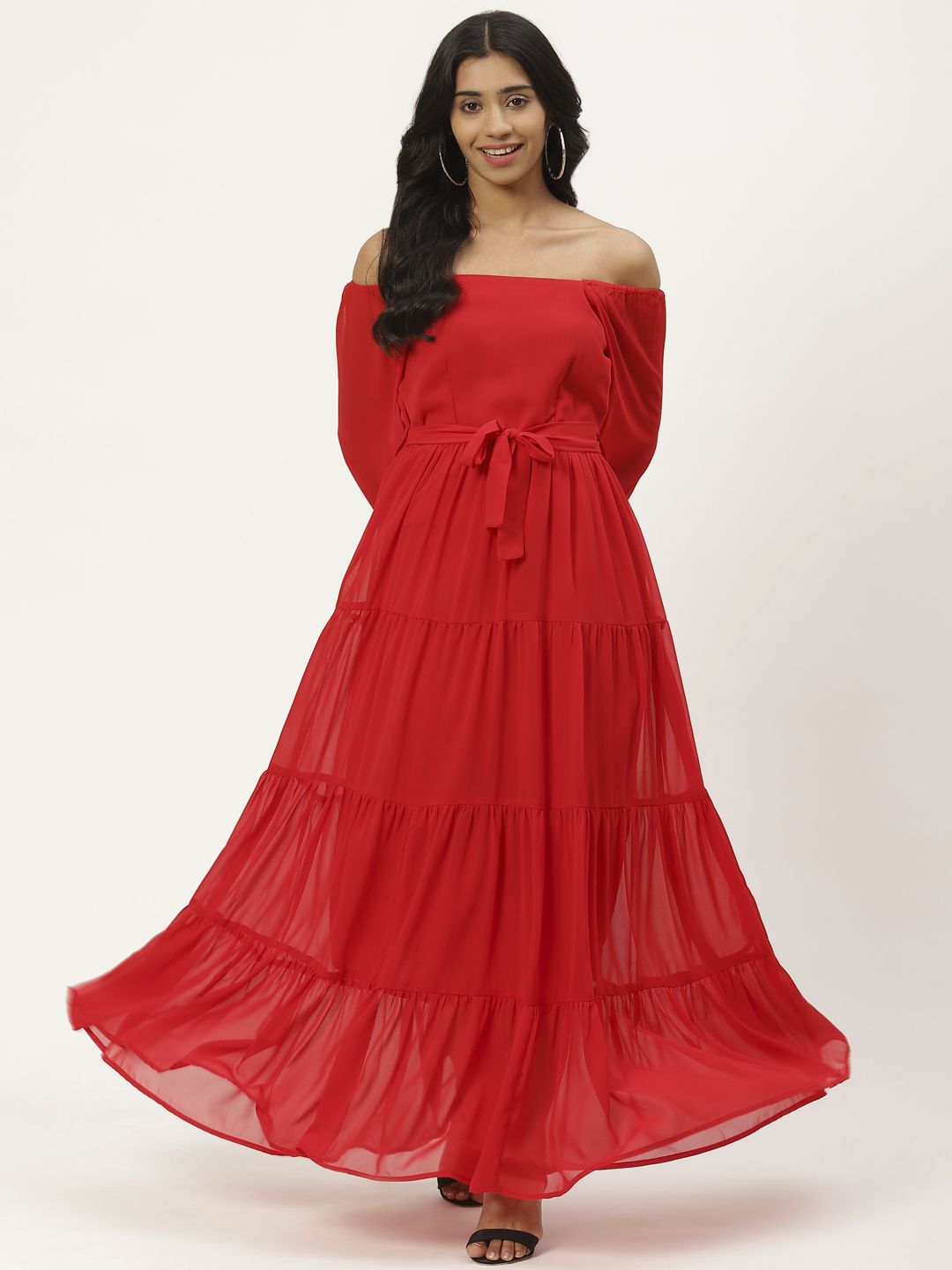 Cottinfab Women Red Off-Shoulder Tiered Solid Maxi Dress Price in India