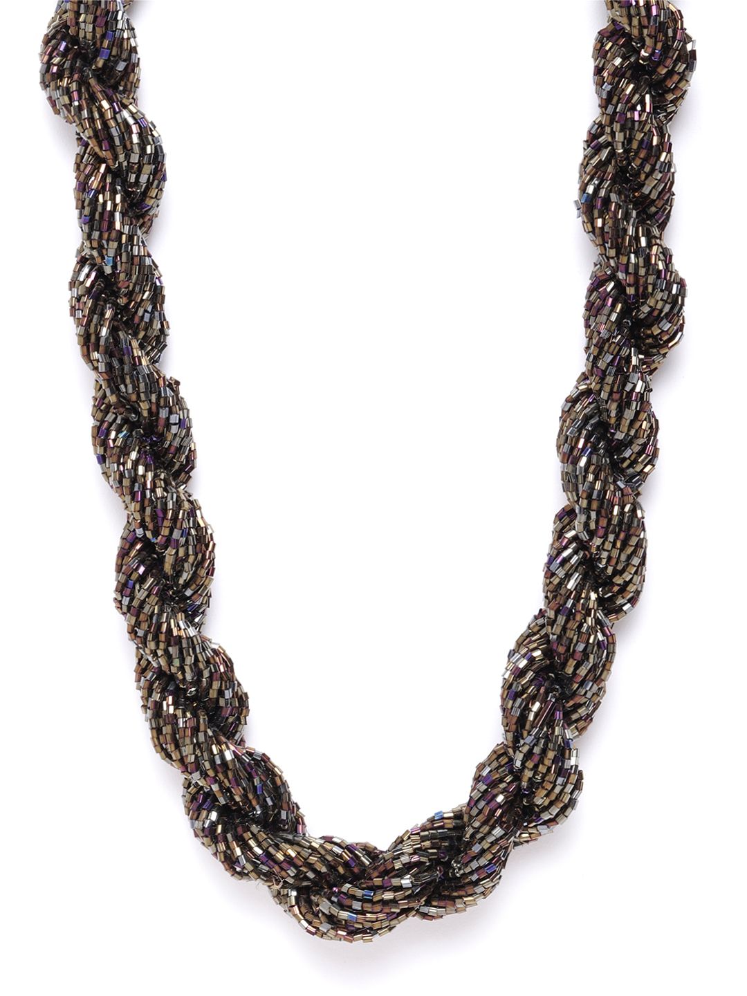 RICHEERA Gunmetal-Toned & Bronze-Toned Glass Beaded Statement Twisted Necklace Price in India