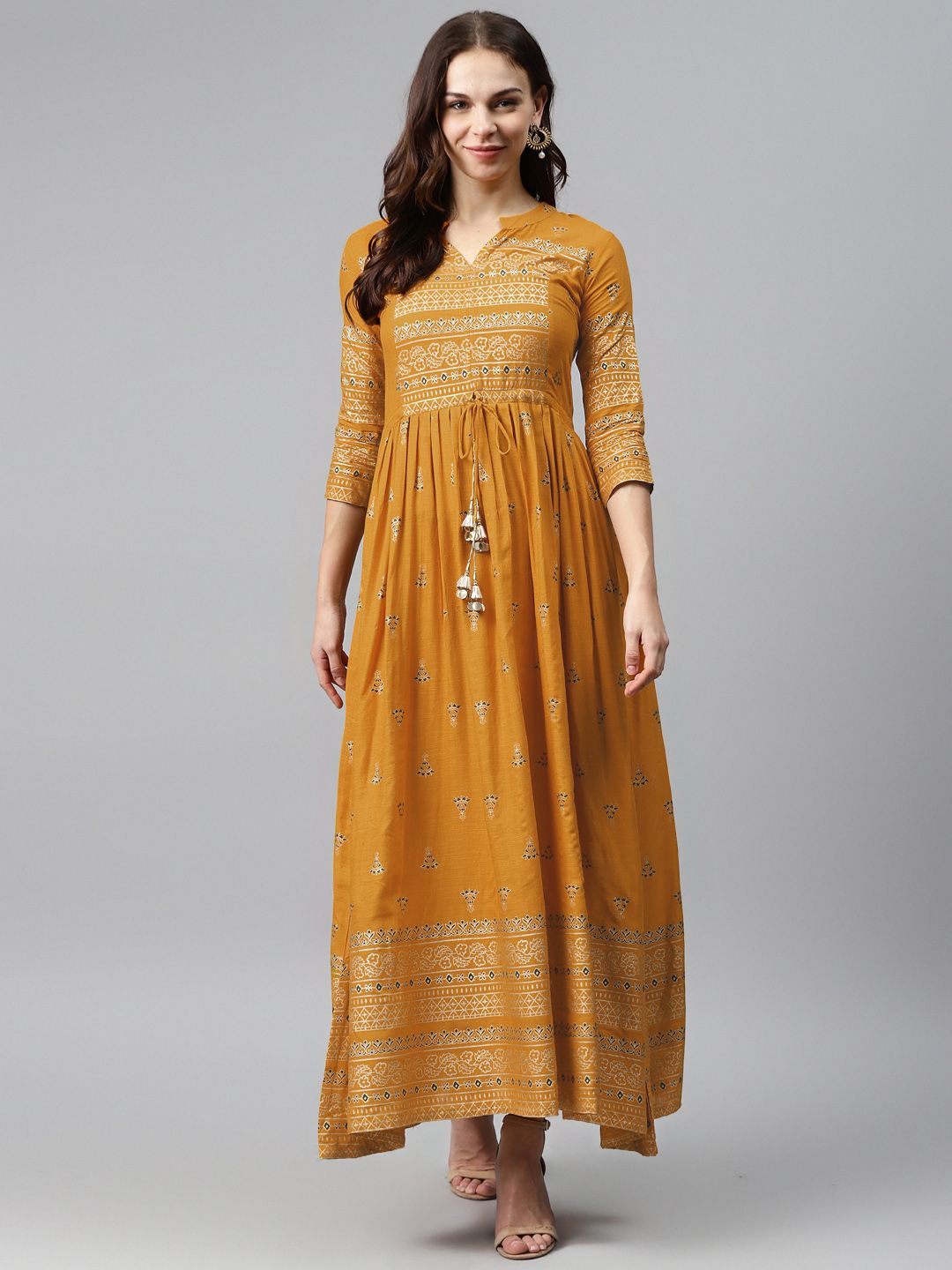 mokshi Women Mustard Yellow & Golden Printed Asymmetric Maxi Dress