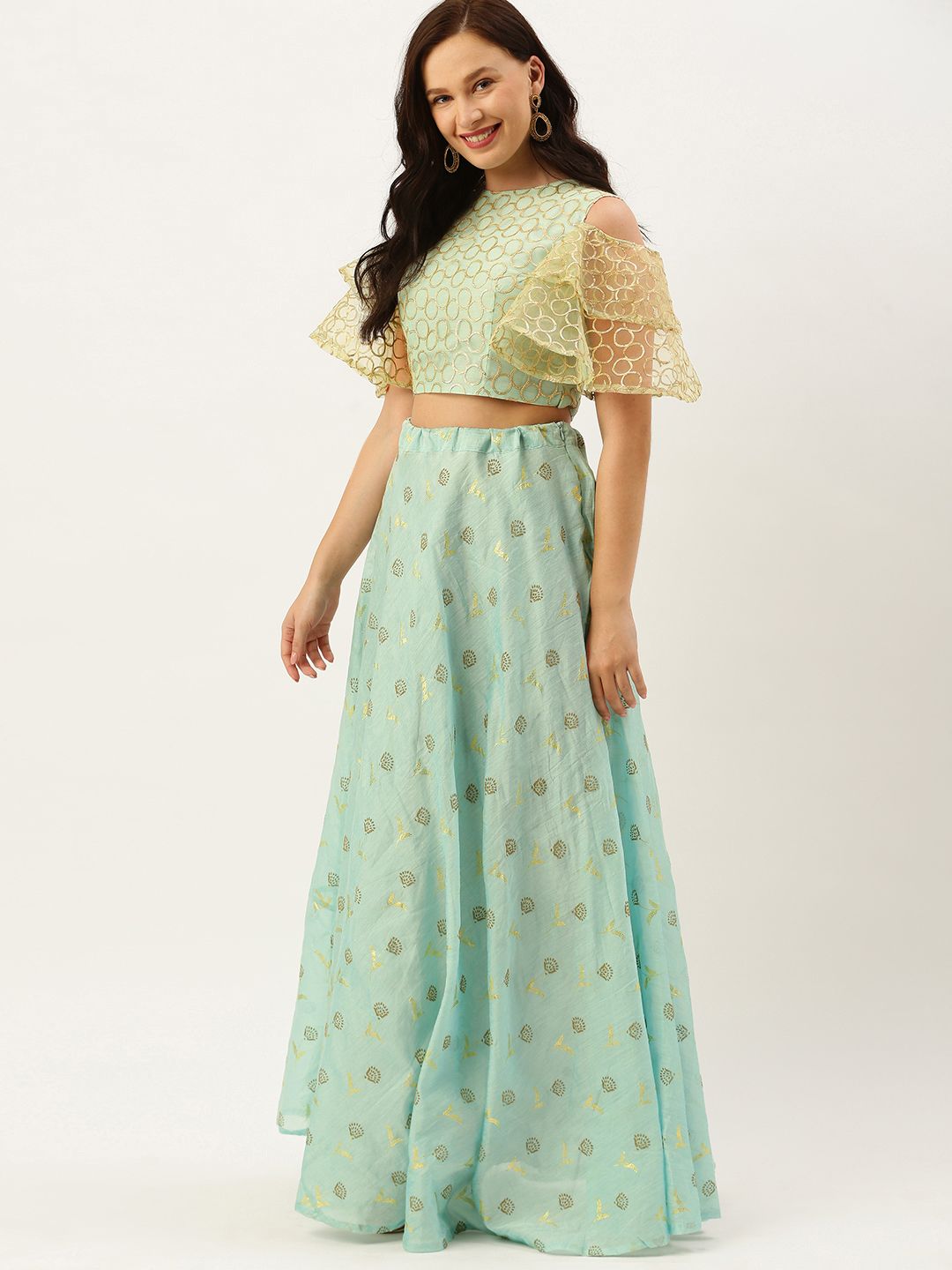 EthnoVogue Women Sea Green & Golden Embellished Made To Measure Top with Skirt Price in India