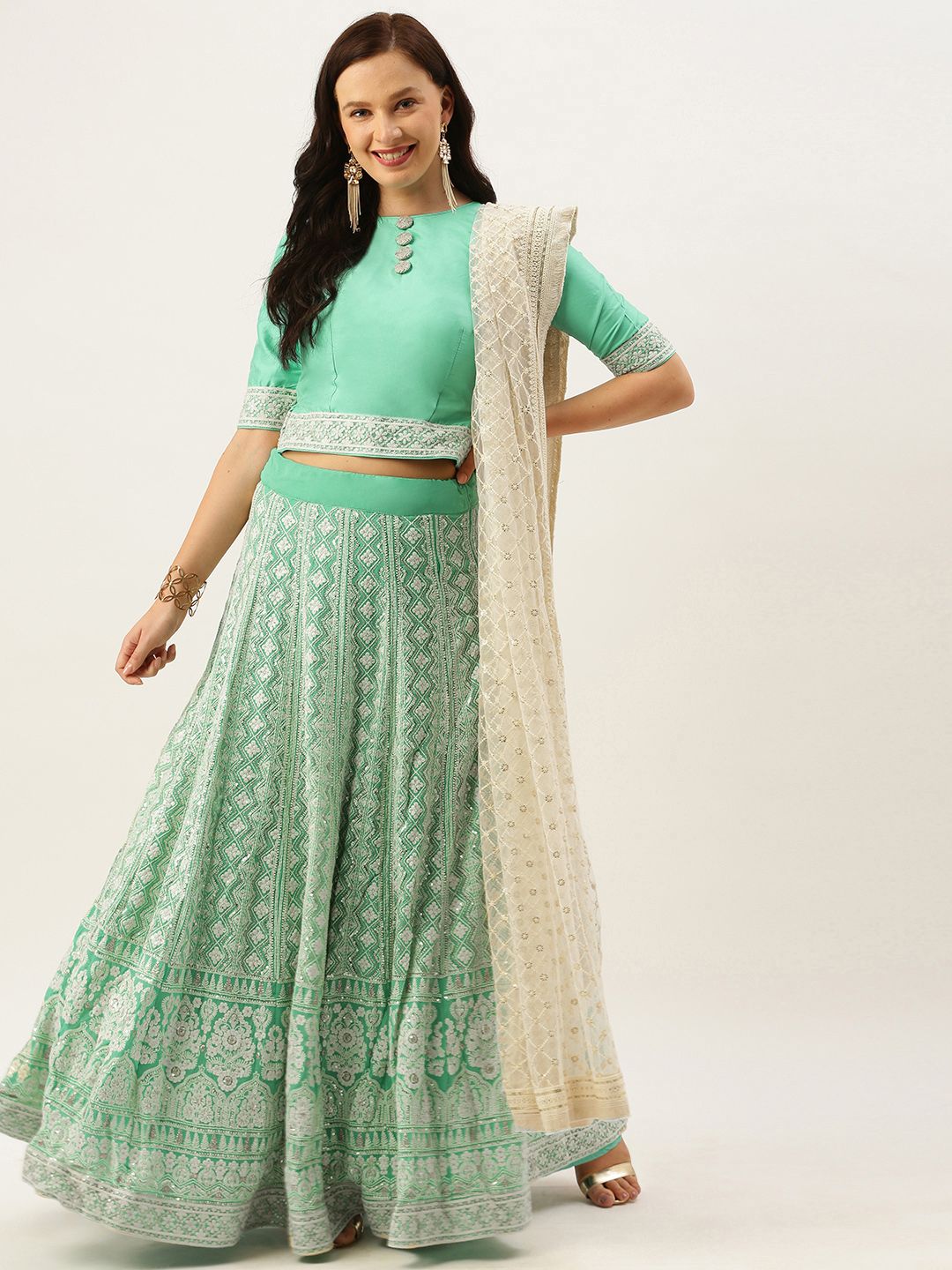 EthnoVogue Green & Off-White Embroidered Made to Measure Lehenga & Blouse with Dupatta