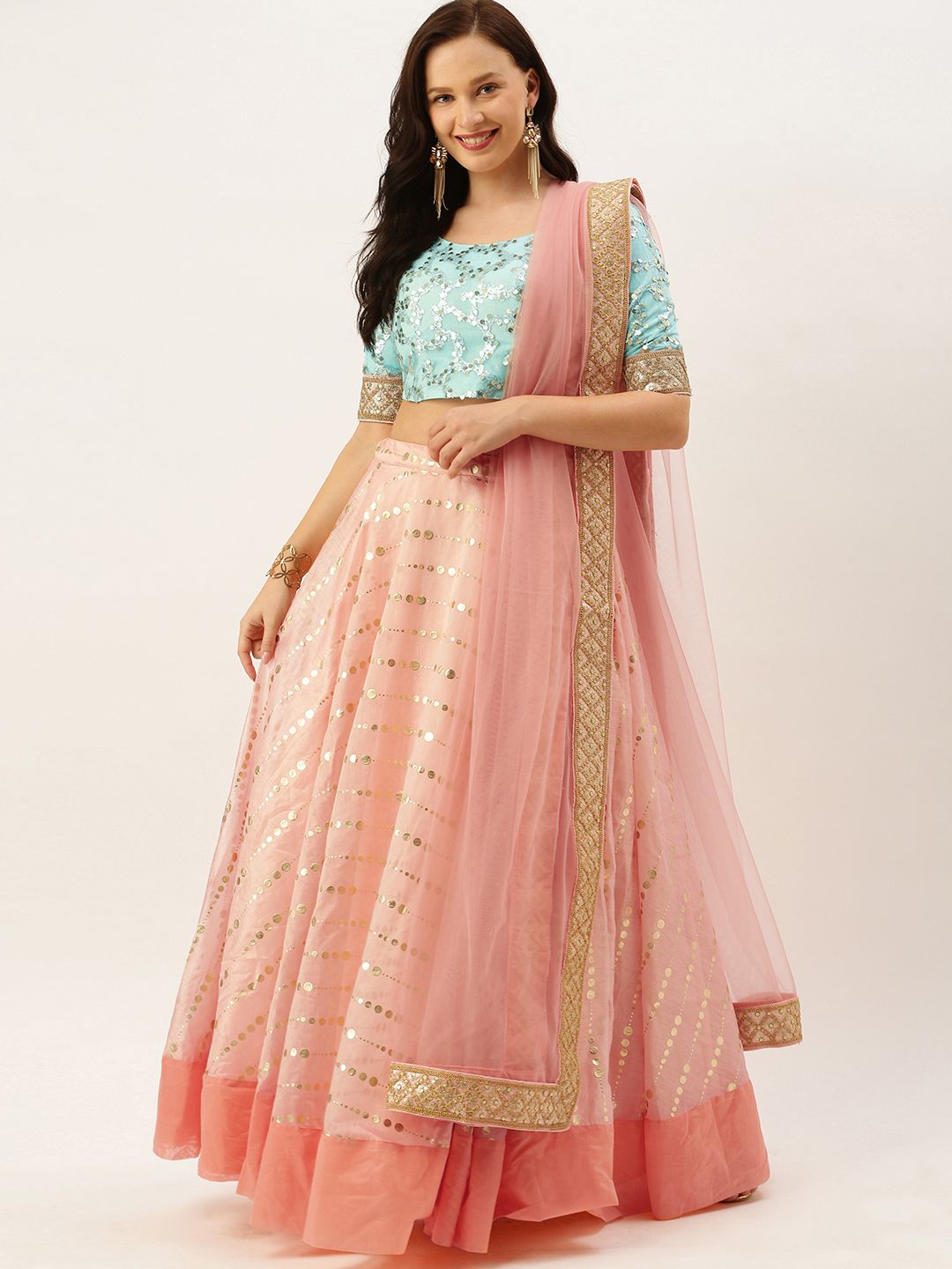 EthnoVogue Blue & Peach-Coloured Embellished Made to Measure Lehenga & Blouse with Dupatta Price in India