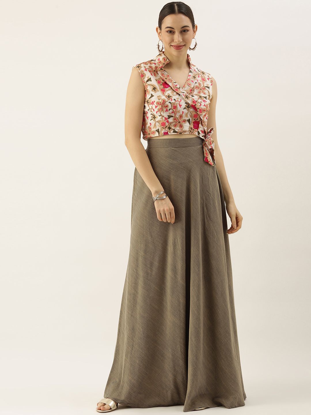 EthnoVogue Olive Green & Off-White Embroidered Made to Measure Lehenga Choli