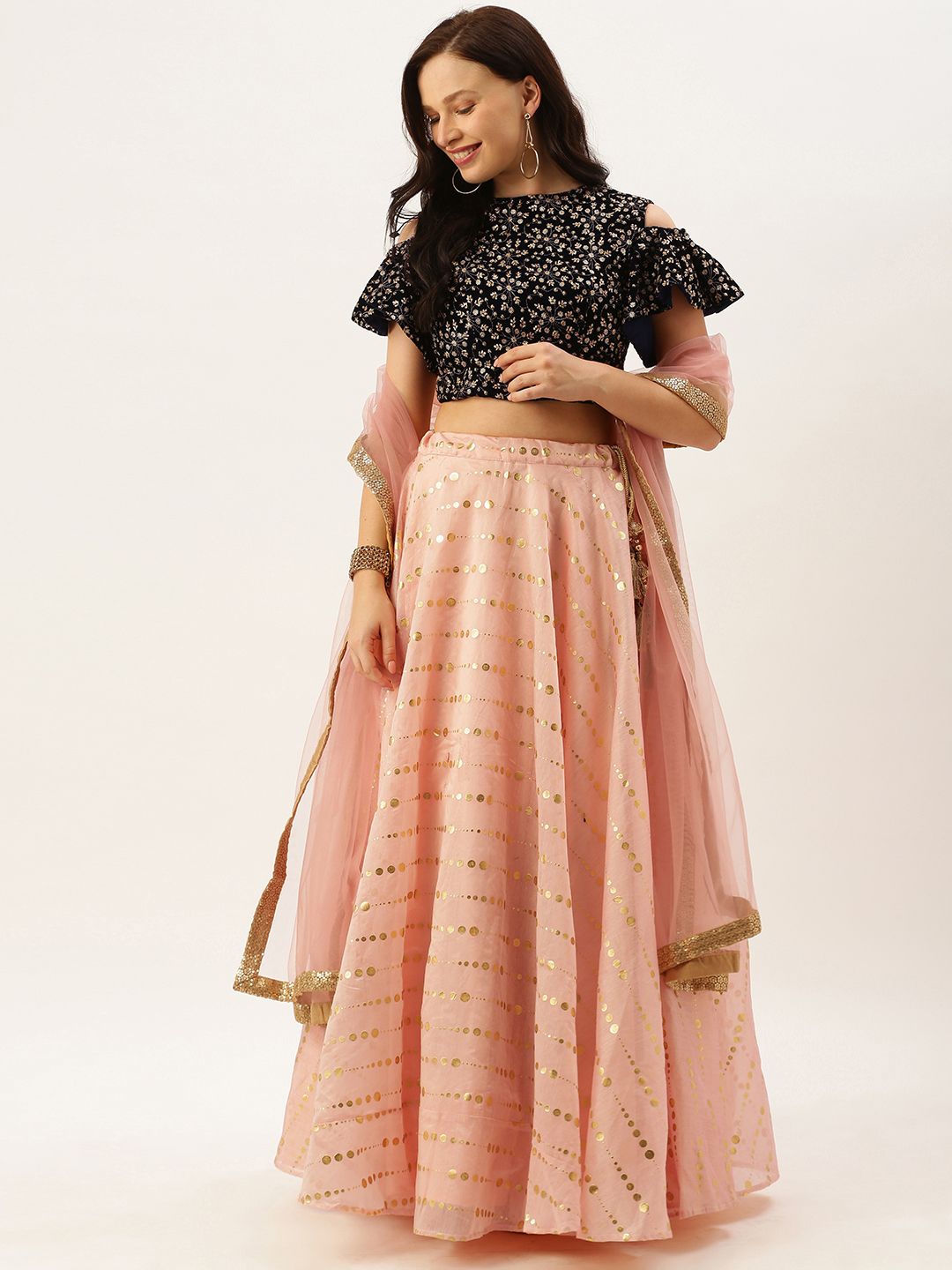 EthnoVogue Navy Blue & Pink Embroidered Made to Measure Lehenga & Blouse with Dupatta Price in India