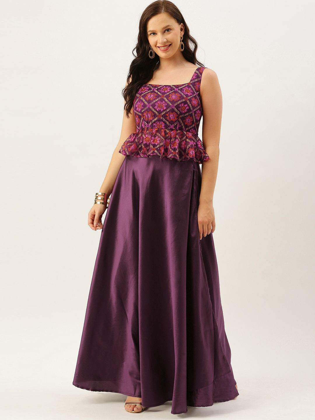 EthnoVogue Women Purple Printed Made To Measure Top with Skirt