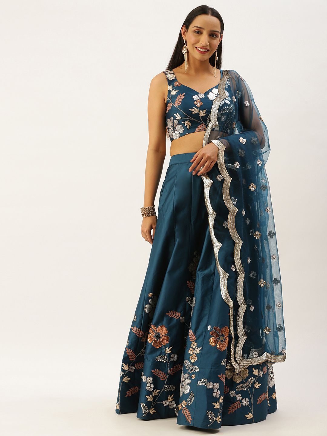 panchhi Teal Blue Semi-Stitched Lehenga & Blouse with Dupatta