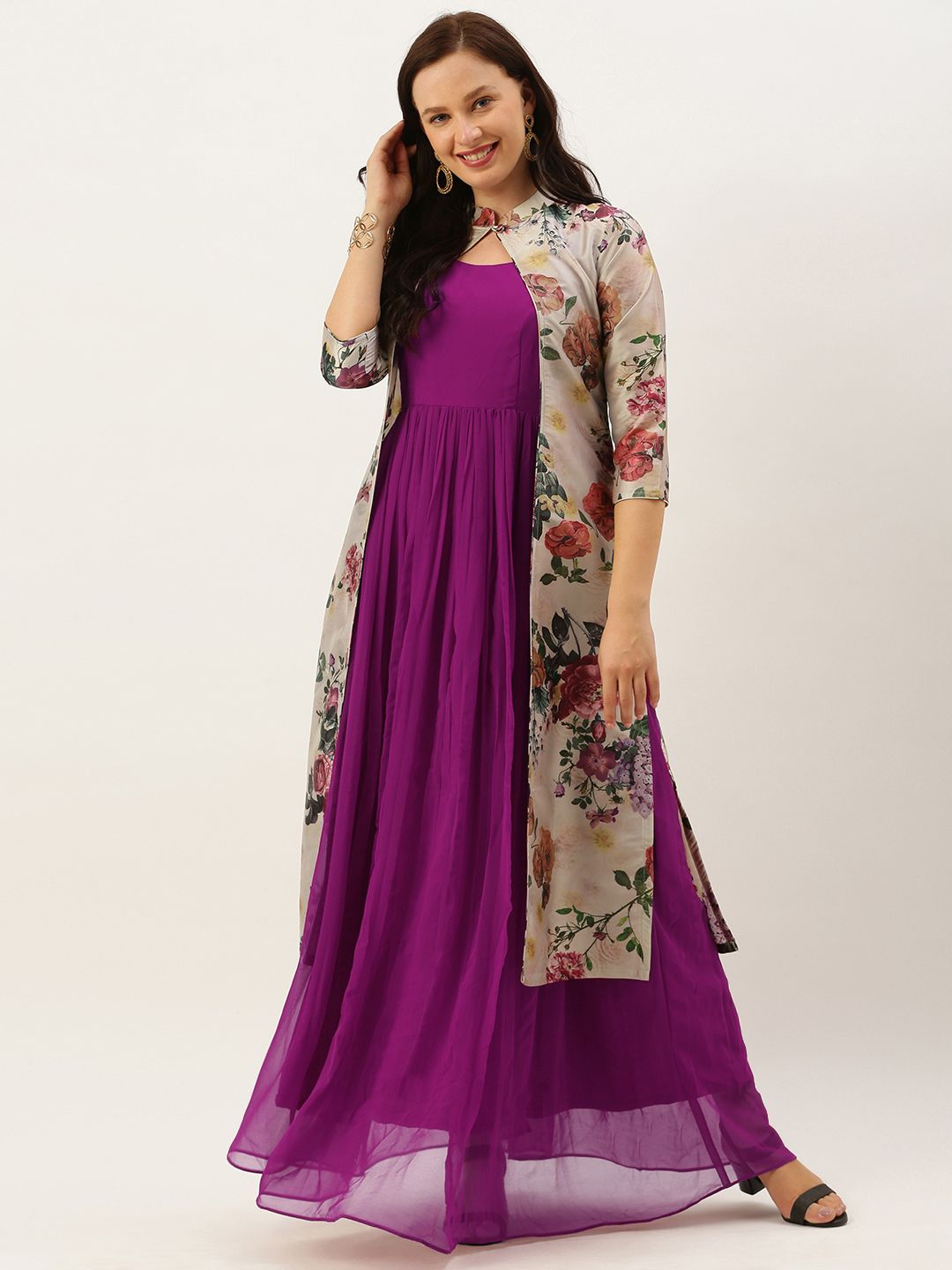EthnoVogue Women Purple Solid Maxi Made To Measure Dress with Jacket Price in India